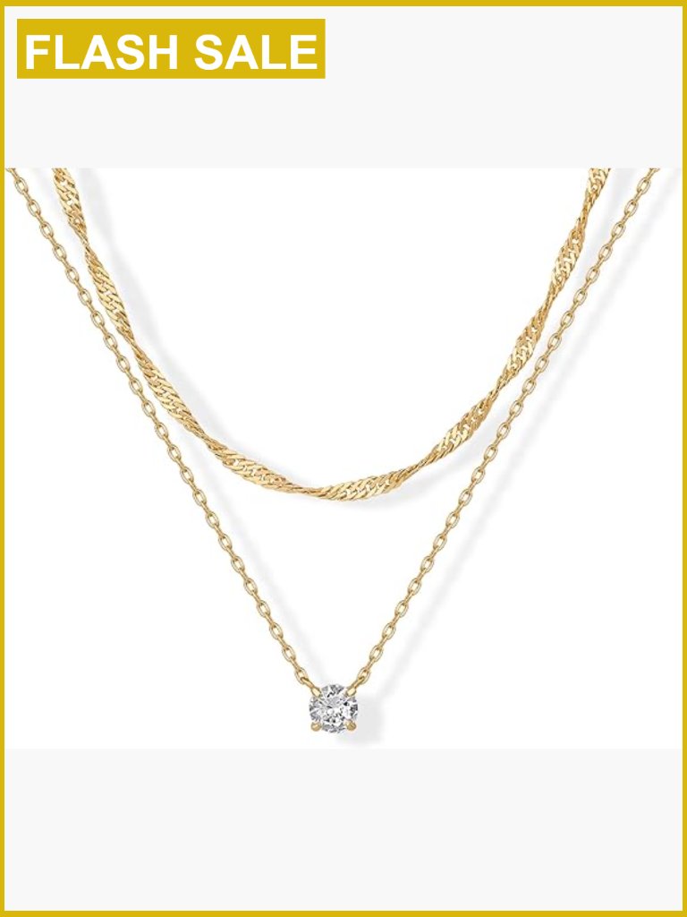 Layered Gold Choker & Pendant Necklace Set With Cz Solitaire